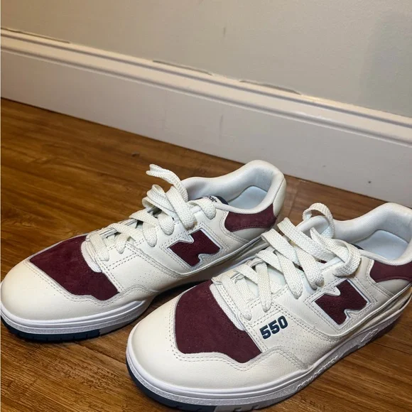 New Balance 550 Cream and Burgundy Sneakers - Picture 2 of 11